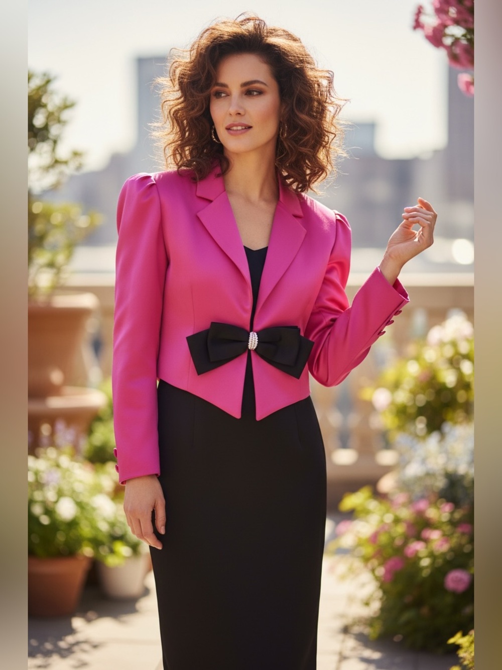 Positively Ellyn 1980’s pink black satin strapless dress & jacket bow rhinestone